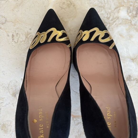 Kate Spade New York Gold “Love” Black Suede Leather Stiletto Heels Pumps - Picture 11 of 15